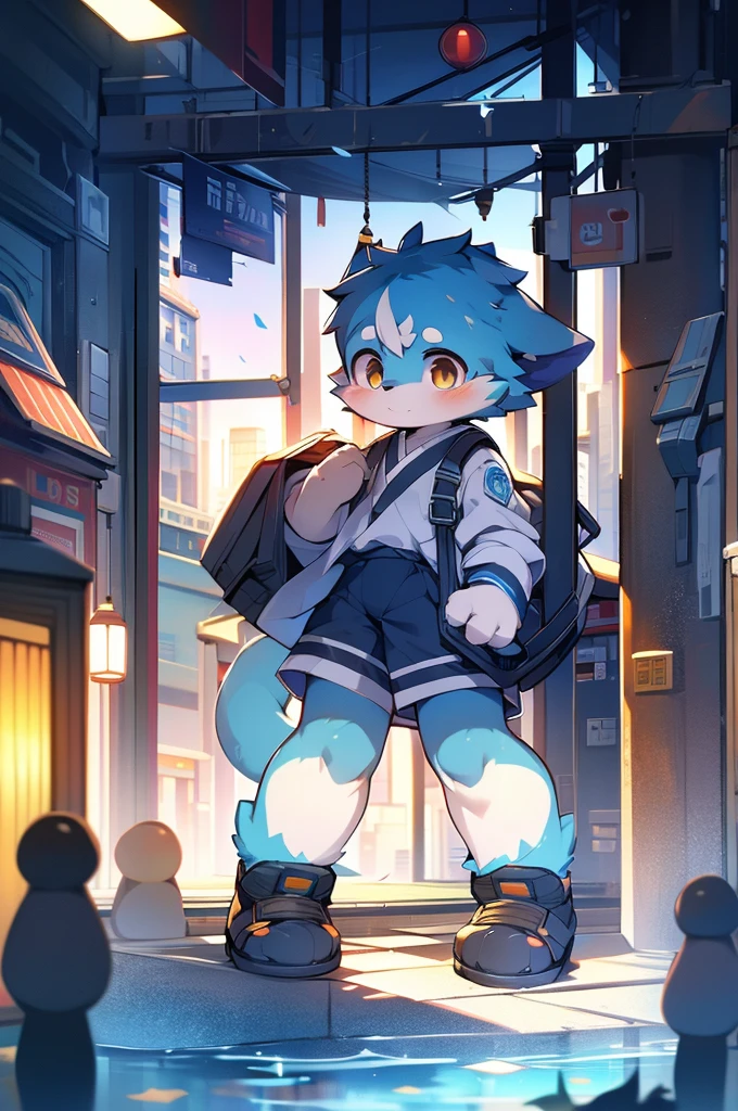 Blue color fur,8k resolution,最high resolution,high resolution,                                 Cityscape,Japanese cityscape,In uniform,Cute Face,          Two legs,Stand on your feet