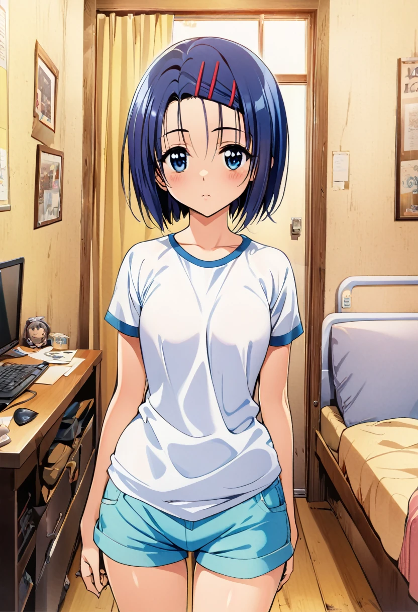 masterpiece, highest quality, Detailed face, Beautiful and detailed eyes, Beautiful Face, Perfect body, Official Art, grand plix award illustration, Professional Lighting,One girl, sairenji haruna,blue short hair,blue eyes,forehead,hair pin,shirt,shorts,room,Style of Yabuki Kentaro, To Love-Ru art style,