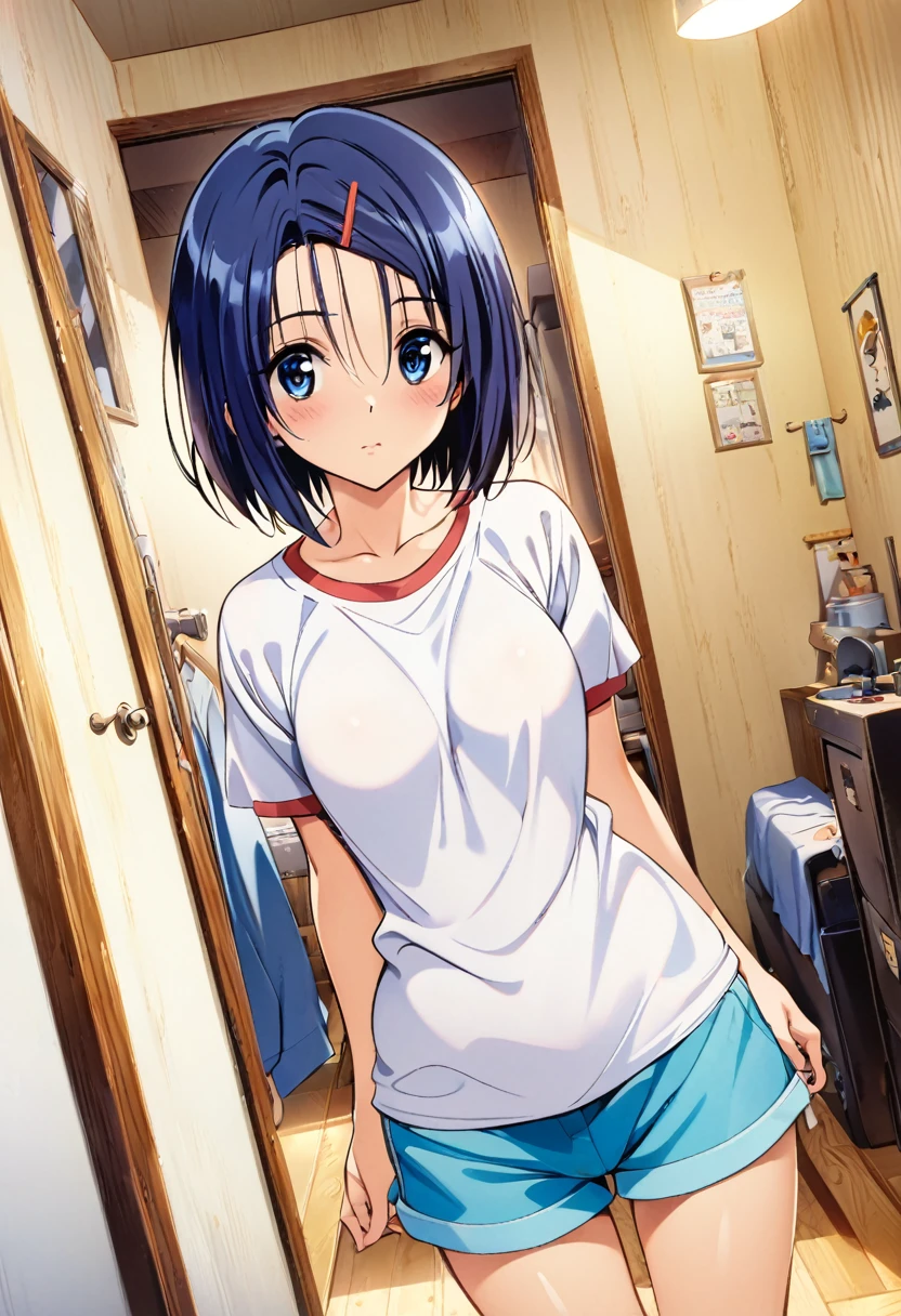 masterpiece, highest quality, Detailed face, Beautiful and detailed eyes, Beautiful Face, Perfect body, Official Art, grand plix award illustration, Professional Lighting,One girl, sairenji haruna,blue short hair,blue eyes,forehead,hair pin,shirt,shorts,room,Style of Yabuki Kentaro, To Love-Ru art style,