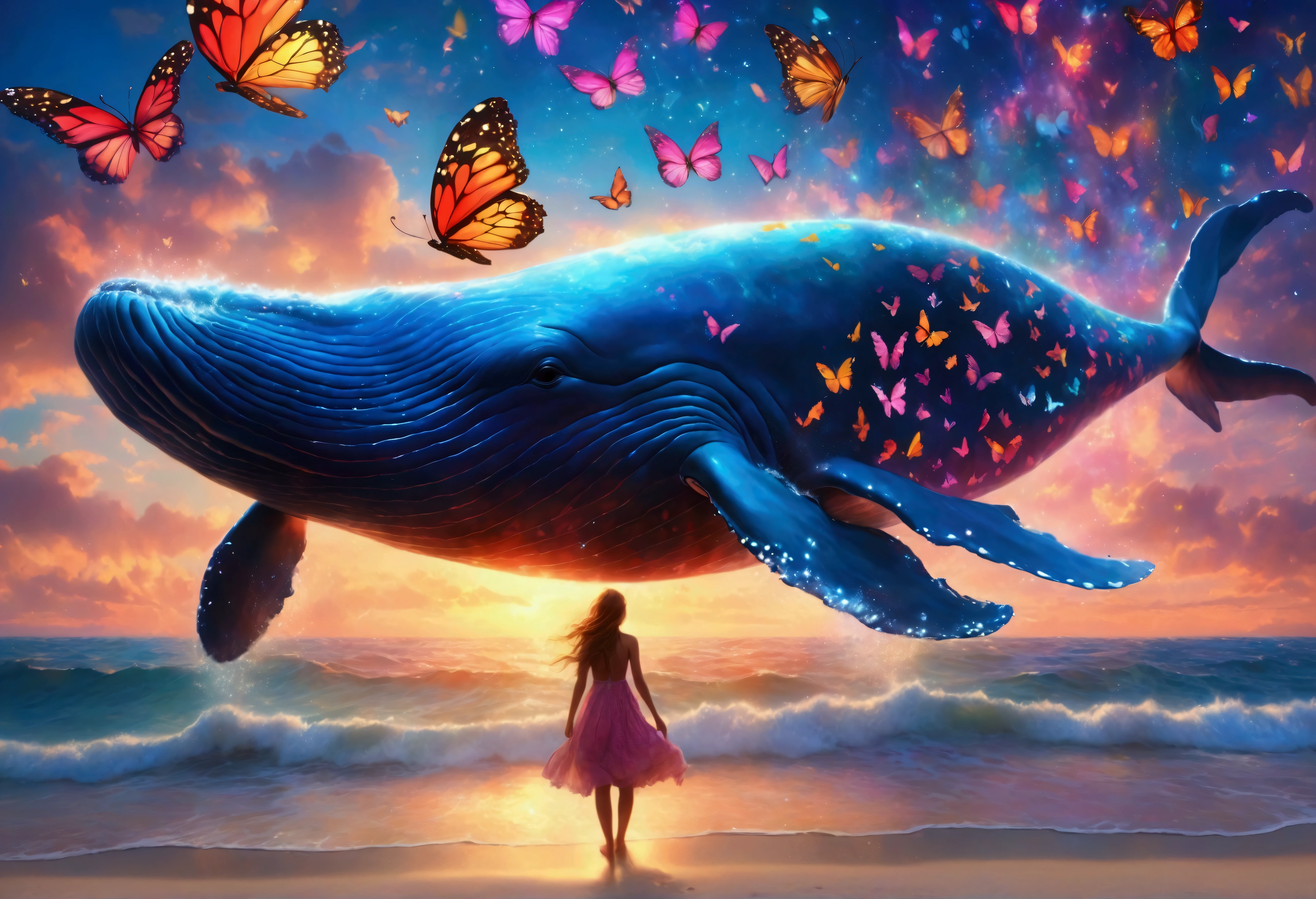 A whale with 3 sets of enormous colorful butterfly wings, flying through dreamy skies, a cute woman lying on the beach watching its majestic flight, best quality, 4k, 8k, highres, masterpiece:1.2, ultra-detailed, realistic, photorealistic, photo-realistic:1.37, HDR, UHD, studio lighting, ultra-fine painting, sharp focus, physically-based rendering, extreme detail description, professional, vivid colors, bokeh, fantasy, surreal, dreamlike, enchanting, magical, whimsical, vibrant colors