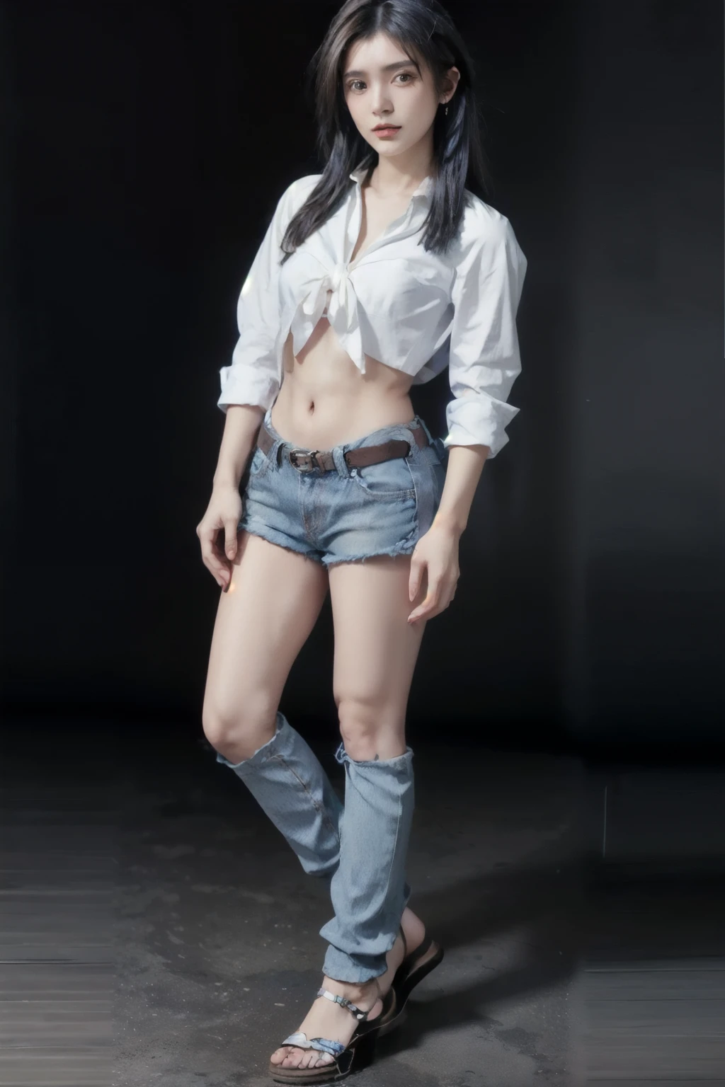 (RAW shooting, Photoreal:1.5, 8k, highest quality, masterpiece, ultra high resolution), perfect dynamic composition:1.2, Fight:1.2, Highly detailed skin and facial textures:1.2, 1girl:1, asian girl:1,Glamourous female with a purse, beautiful and aesthetic:1.2, sexy beauty, perfect style, belief, Strong-willed, revenge, Fair skin, very beautiful face, (large breast, Chest gap:1.4), (wearing a sexy casual fashion:1.2), (beautiful eyes, Eyes that feel beautiful eros:1.0), (Too erotic:0.9, Bewitching:0.9), (full body photo:2), (perfect limbs:1.2), (perfect fingers:1.2),(tied shirt, tight denim shorts:2, sneakers, long hair, navel,Mio Serizawa:1.2),(simple background:1),(knees together),(standing:2)