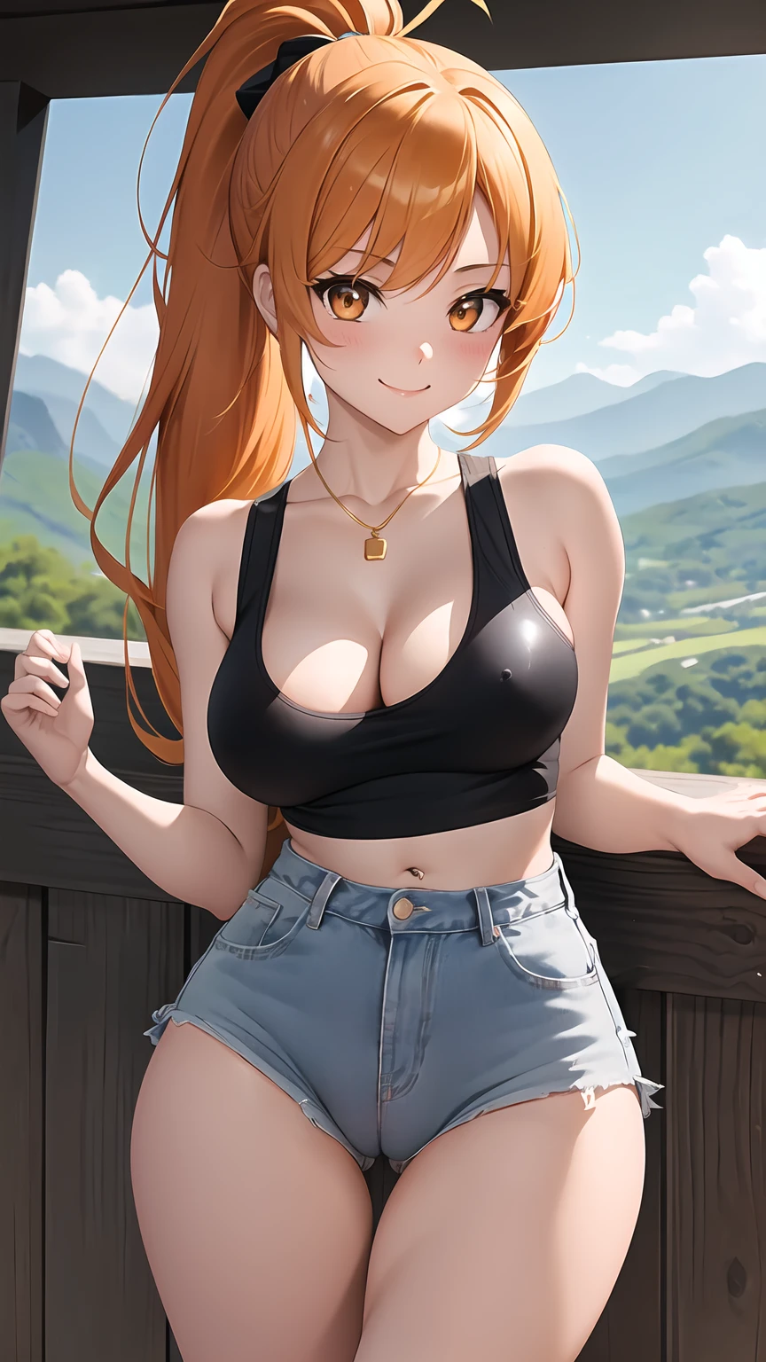 1girl, anime girl, anime, girl, 2d girl, 16y, (fullbody), standing, golden eyes, smiling, blush, (long hair, single ponytail, orange hair), ((black latex tank top, bare arms, bare shoulders)), ((cleavage, areolae, areola, areola exposed)), Solo, big , big breasts, nsfw, Tight Shorts, low waist shorts, upshorts, from below, flat terrain with mountains in the background, looking at viewer, darker shadows, (((explicit))), (((shorts))), (((absurdres))), (((thigh gap))), cameltoe, (((cameltoe))), (((cleft of venus))), (((lowleg shorts))),