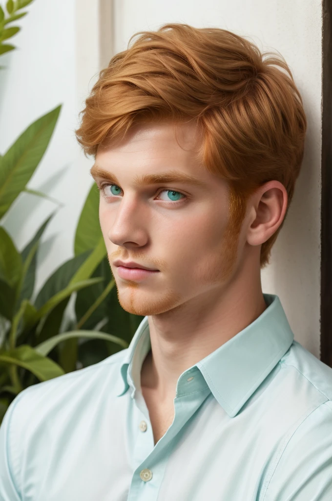 1boy, ginger hair, brilliant green eyes, masterpiece, short hair, crystal clear, nice shirt, portrait
