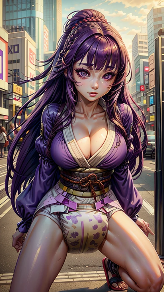 solo, (diaper:1.3), (conjoined_dicephalus), 1girl, blunt bangs, braid, wide sleeves, hair ornament, japanese clothes, red obi, (purple hair:1.2), very long hair, straight hair, looking at viewer, highly detailed background, (photo realistic:1.2), detailed eyes, red eyeshadow, depth of field，thigh, (ulzzang-6500:0.7), upper body, (solo:1.2), (cyberpunk city:1.1), cleavage, (finger on lips:1.1),Shiny skin