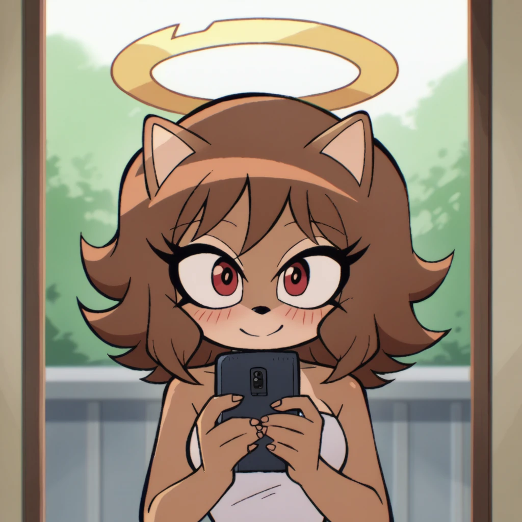 score_9, score_8_up, mobian, hedgehog, two-tone fur ((orange fur, brown fur)), wrapped in towel, medium breasts, two-tone hair (brown hair, black tip)), curly hair, halo, red eyes, longeyelashes, red eyes, smile, shy, blush, holding phone