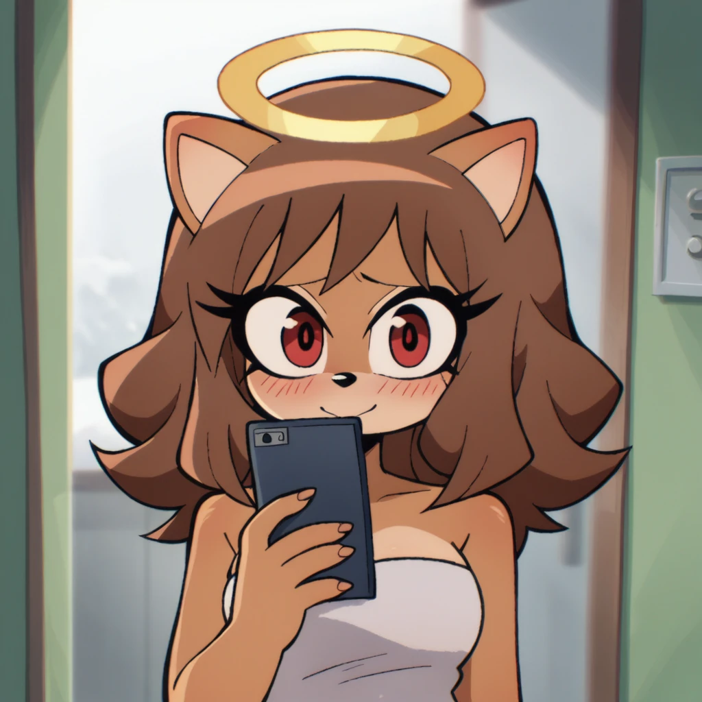 score_9, score_8_up, mobian, hedgehog, two-tone fur ((orange fur, brown fur)), wrapped in towel, medium breasts, two-tone hair (brown hair, black tip)), curly hair, halo, red eyes, longeyelashes, red eyes, smile, shy, blush, holding phone