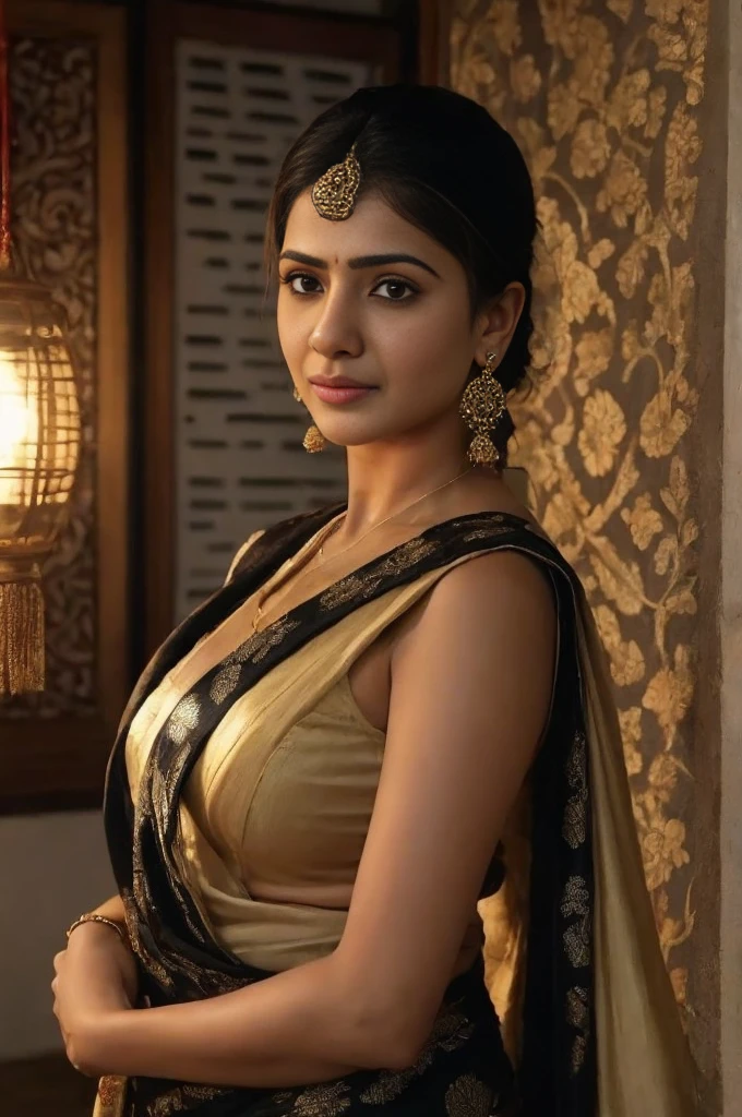 Samantha ruth prabhu,saree, bikini blouse,((cleavage)), shaggy hair style