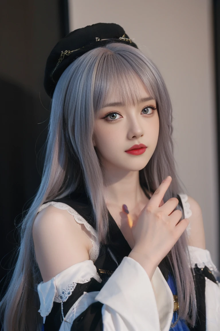 ulzzang-6500-v1.1,(raw photo:1.2),((photorealistic:1.4))best quality ,masterpiece, illustration, an extremely delicate and beautiful, extremely detailed ,CG ,unity ,8k wallpaper,  finely detail, best quality,extremely detailed CG unity 8k wallpaper,absurdres, incredibly absurdres, huge filesize, ultra-detailed, highres, extremely detailed,beautiful detailed girl, extremely detailed eyes and face, beautiful detailed eyes,light on face,cinematic lighting, 25 year old woman, 1girl, solo,hat, purple hair, long hair, drill hair, twin drills,blue eyes, jewelry, flower, bare shoulders, black gloves,dress, thighhighs, thigh boots, boots, indoor, mirror, Curtain background, room, standing, upper body, medium breasts, looking at viwer,