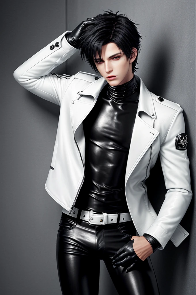 Final fantasy taste and reality graphics, Japanese young cute and cool ikemen  boy, his age is early 20s, thin eyebrows and beady eyes,  he wearing off white color leather  thick material jacket, jacket is singlebrest, biker style jacket, with epaulet, jacket is long sleeve, must close the front of the leather jacket, , voluminous leather jacket, ,must jacket is high length and stand-up collar with two belts, jacket is a little black color line pattern,close the front of the jacket, also wearing black thick material turtleneck lackluster shirts,  tight black leather pants,  black leather tight and thin glove, black leather knee-high raceup boots,must views  head-to-toe,must views whole body, boy looks like fashion model,Do not show skin from the neck down,leather jacket leather glove and leather pants have few wrinkles,boy in the prison room, Avoid showing your innerwear,zip up jacket fastner.
Boy touching owns private parts with right hand.
Bous face is expression of ecstasy.