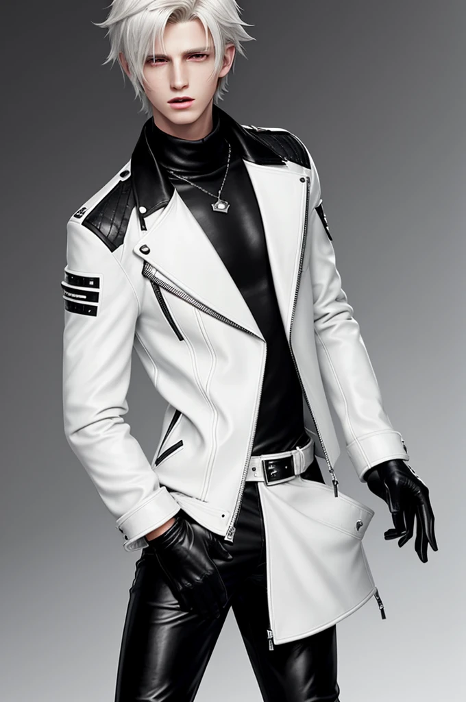 Final fantasy taste and reality graphics, Japanese young cute and cool ikemen  boy, his age is early 20s, thin eyebrows and beady eyes,  he wearing off white color leather  thick material jacket, jacket is singlebrest, biker style jacket, with epaulet, jacket is long sleeve, must close the front of the leather jacket, , voluminous leather jacket, ,must jacket is high length and stand-up collar with two belts, jacket is a little black color line pattern,close the front of the jacket, also wearing black thick material turtleneck lackluster shirts,  tight black leather pants,  black leather tight and thin glove, black leather knee-high raceup boots,must views  head-to-toe,must views whole body, boy looks like fashion model,Do not show skin from the neck down,leather jacket leather glove and leather pants have few wrinkles,boy in the prison room, Avoid showing your innerwear,zip up jacket fastner.
Boy touching owns private parts with right hand.
Bous face is expression of ecstasy.