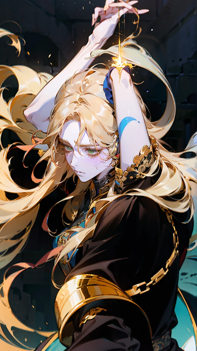 ((1 man)). ((brave:1.2)), whole body,full body,Drawing a detailed portrait of a man with long hair, Long blond hair, Use gradient style. he的头发被仔细地扎成马尾辫,... he has striking gold eyes, 这与he苍白的皮肤形成鲜明对比., 给he疲惫的外表增添了一丝光彩. ,he'wearing a baggy, European style clothes, 在he纤细的身躯上流淌.,. The background is very dark, Dark castle,Cluttered room, flame照亮, 四周的flame,Dim Lights,flame,从门口携带着flame诞生,he身形高挑,Pale cheeks,Long hair on shoulders,耀眼的flame衬得he金色的瞳孔熠熠生辉,Fire,(whole body:1.2)whole body照,Standing,Game CG,Horror game illustrations