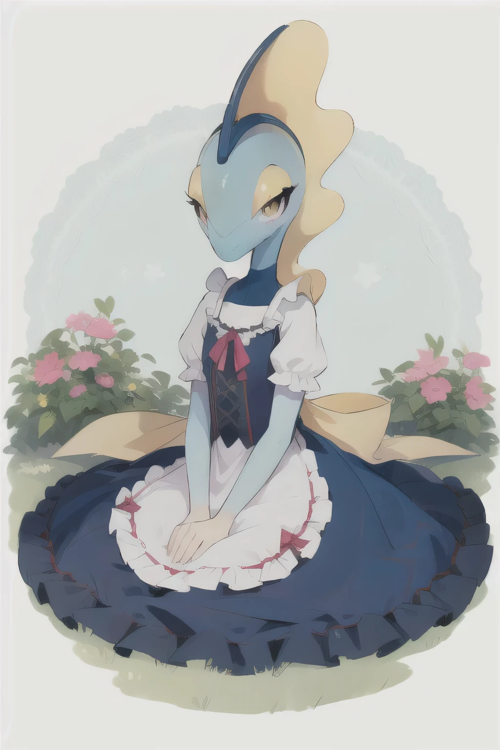 Adorable Inteleon, lolita dress, garden background, blue skin