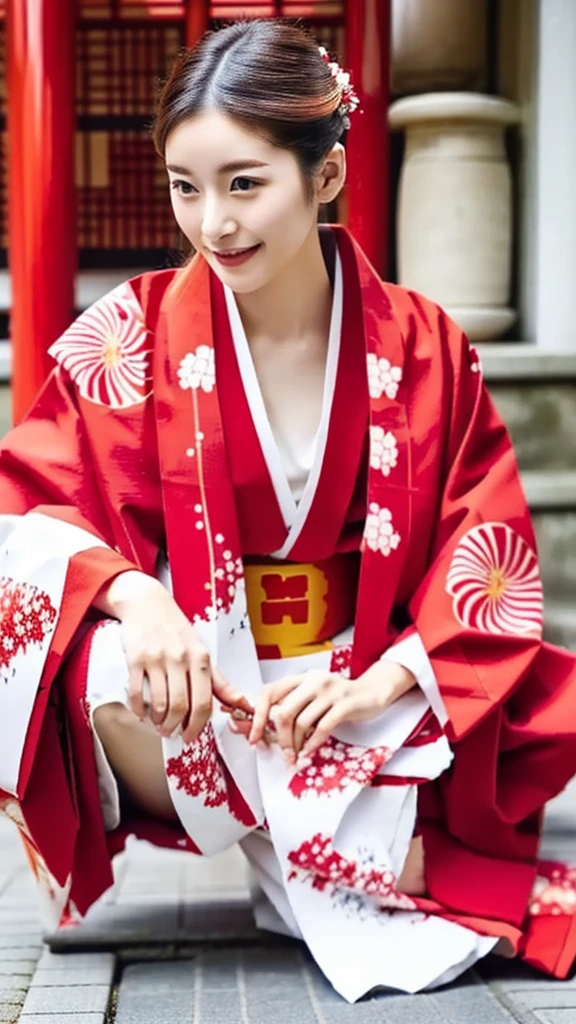 woman in red kimono sitting on the ground in front of a building, wearing a haori, wearing kimono armor, wearing kimono armour, in kimono, wearing a kimono, Traditional Japanese, red kimono, With white Chinese insignia, wearing kimono, yukata, in a kimono, Japanese Model, japanese kimono, kimono