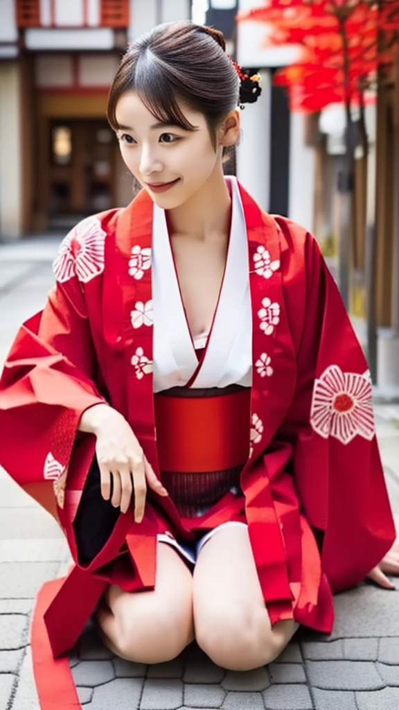 woman in red kimono sitting on the ground in front of a building, wearing a haori, wearing kimono armor, wearing kimono armour, in kimono, wearing a kimono, Traditional Japanese, red kimono, With white Chinese insignia, wearing kimono, yukata, in a kimono, Japanese Model, japanese kimono, kimono