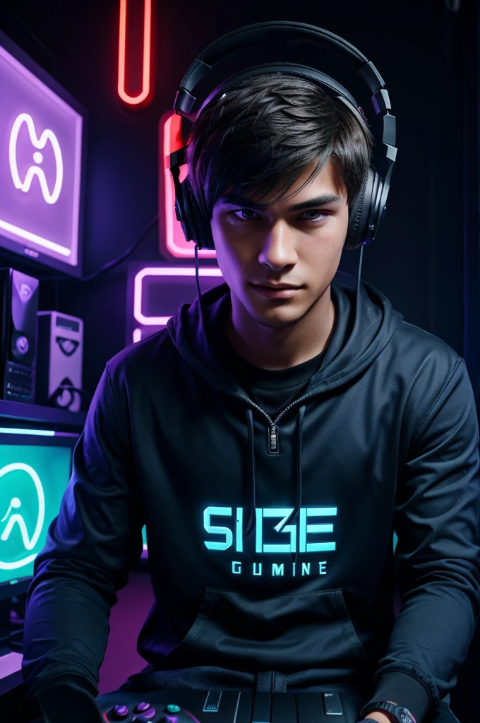Close-up of a young gamer guy with a sharp face cut, wearing gaming accessories such as headphones and a mic. The scene is fully illuminated with neon lights, creating a vibrant and immersive gaming environment."