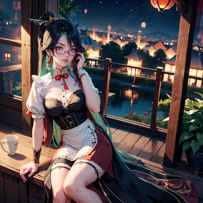 Xianyun_(genshin impact), 1girl, red roses, multicolored hair, black hair, green hair, long hair, glasses, night sky, red short skirt, red maid dress, skirt with layers, frills, red laces, maid apron, maid headdress, maid style, garter, garden scene, seat on the grass, red maid dress, maid dress, more details on her clothes, golden details on her clothes, night scene, smiling, solo, alone, jewelry, oriental garden scenery, white apron, white headdress, maid clothes, sitting