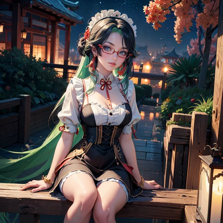 Xianyun_(genshin impact), 1girl, red roses, multicolored hair, black hair, green hair, long hair, glasses, night sky, red short skirt, red maid dress, skirt with layers, frills, red laces, maid apron, maid headdress, maid style, garter, garden scene, seat on the grass, red maid dress, maid dress, more details on her clothes, golden details on her clothes, night scene, smiling, solo, alone, jewelry, oriental garden scenery, white apron, white headdress, maid clothes, sitting