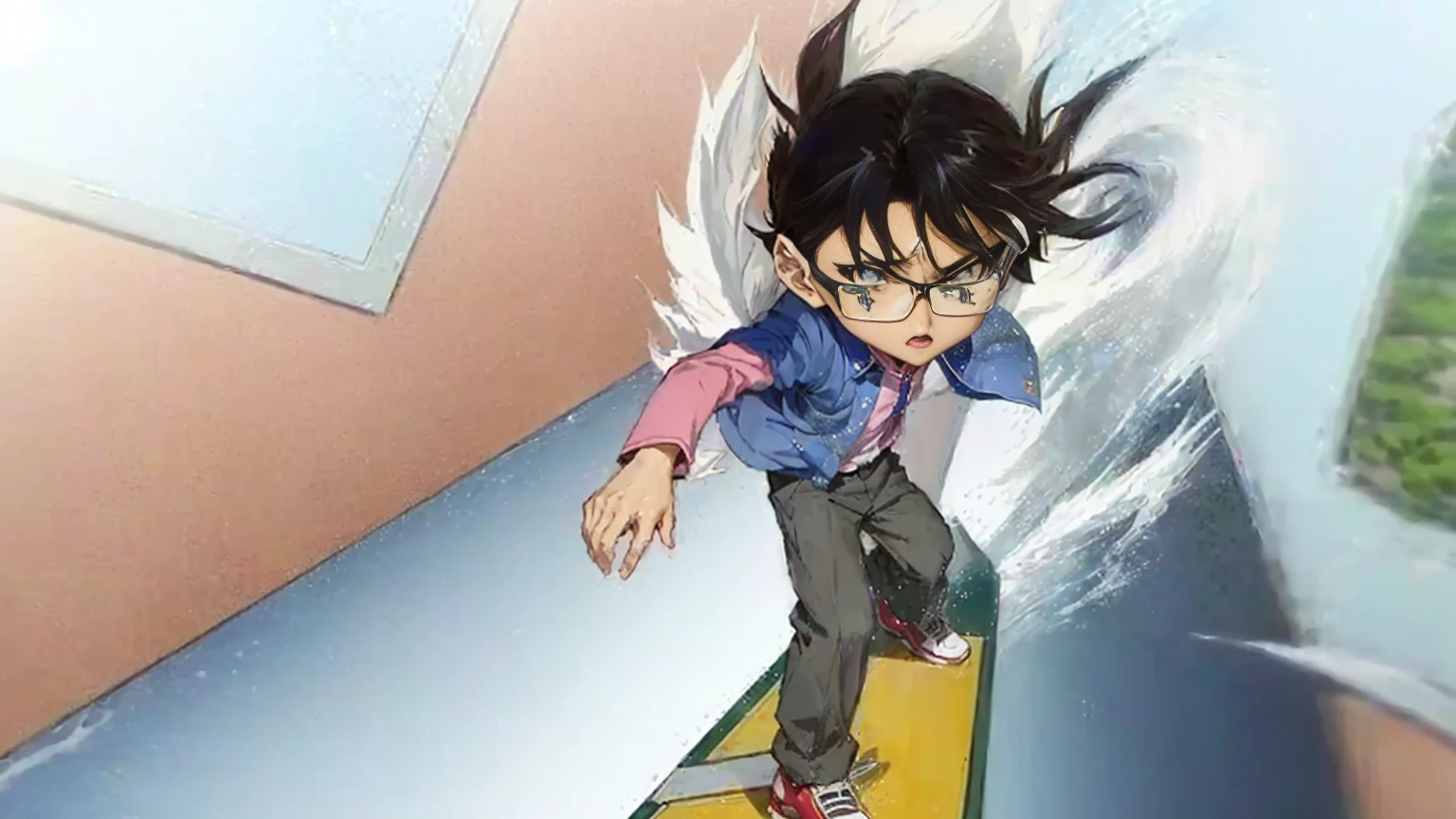 masterpiece, Highest quality, (Highly detailed CG Unity 8k wallpaper), (Highest quality), (Best illustrations), (Best Shadow), Absurd, Realistic lighting, (abyss), Beautiful sparkle,部屋の中でスケートボードに乗っている少年のanime画像, anime, yukio - e, shinichi sakamoto, Shinji, 空飛ぶanimeエスパー, Hirohiko Araki, akira yoshizawa, Shonen, animeスタイル”, From Yowamushi Pedal, Shonen Jump, aramaki Shinji, shinkai makoto