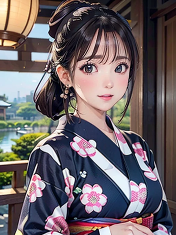 (Highest quality、 8k wallpaper、masterpiece、High resolution)、Vibrant colors、Ample breasts、Black hair in a Japanese round topknot、Brown-black bob、Beautiful girl in yukata、Vivid floral pattern、(Highly detailed face and eyes、Beautiful Face、Beautiful Eyes、Beautiful nose、Pretty lips)、A friendly gaze、Highly detailed background、Japanese garden、moonlight、Official Art、
