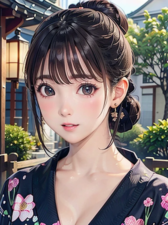 (Highest quality、 8k wallpaper、masterpiece、High resolution)、Vibrant colors、Ample breasts、Black hair in a Japanese round topknot、Brown-black bob、Beautiful girl in yukata、Vivid floral pattern、(Highly detailed face and eyes、Beautiful Face、Beautiful Eyes、Beautiful nose、Pretty lips)、A friendly gaze、Highly detailed background、Japanese garden、moonlight、Official Art、