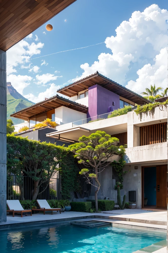Multiple houses, brutalism style, Luis Barragán, Mountains in background, river, pool, terraces, stairs, garden terraces, trees, beautiful clouds, moon, sun, detailed, cacti, boulders, volcanic rocks, fuggy, Violet, orange, olive green, blue, magenta, amazing volcano in horizont, beautiful garden design