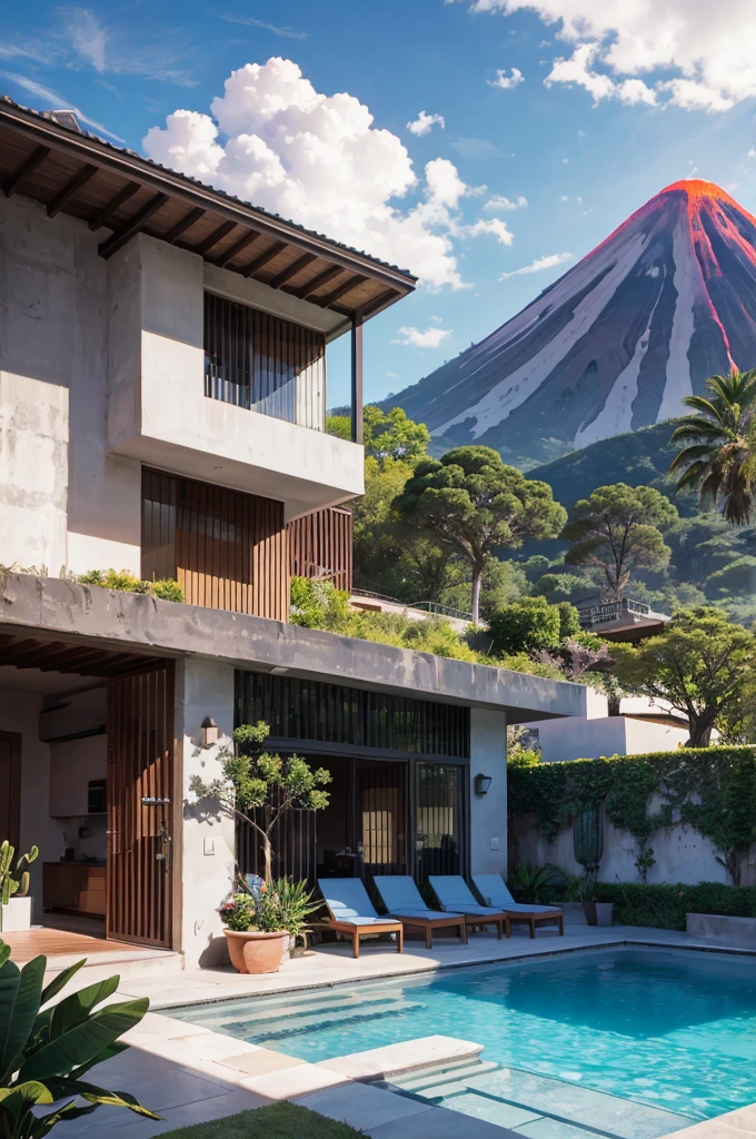Multiple houses, brutalism style, Luis Barragán, Mountains in background, river, pool, terraces, stairs, garden terraces, trees, beautiful clouds, moon, sun, detailed, cacti, boulders, volcanic rocks, fuggy, Violet, orange, olive green, blue, magenta, amazing volcano in horizont, beautiful garden design