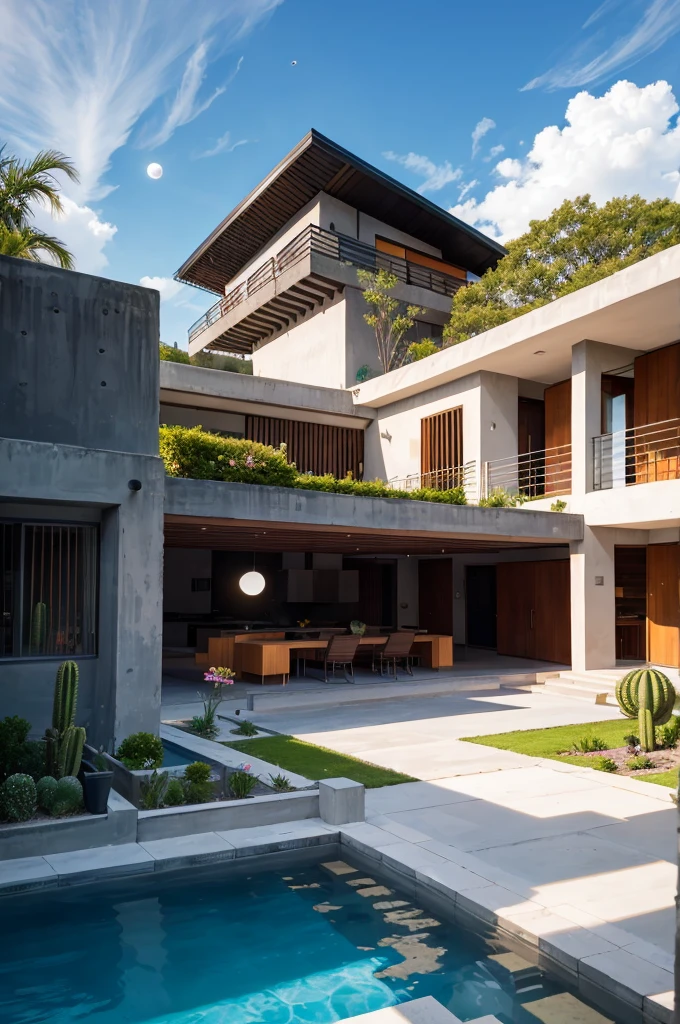Multiple houses, brutalism style, Luis Barragán, Mountains in background, river, pool, terraces, stairs, garden terraces, trees, beautiful clouds, moon, sun, detailed, cacti, boulders, volcanic rocks, fuggy, Violet, orange, olive green, blue, magenta, amazing volcano in horizont, beautiful garden design