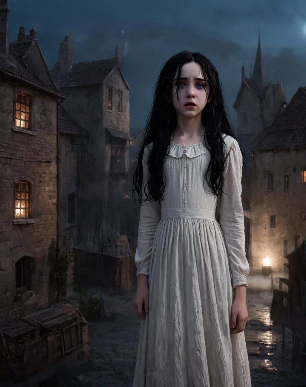 illustration of daughter of severus snape, ,long black hair,pale skin,hair over eyes,black eyes,crying, White dress,dirty clothes,sad, solo,night, (insanely detailed,masterpiece, best quality),solo,