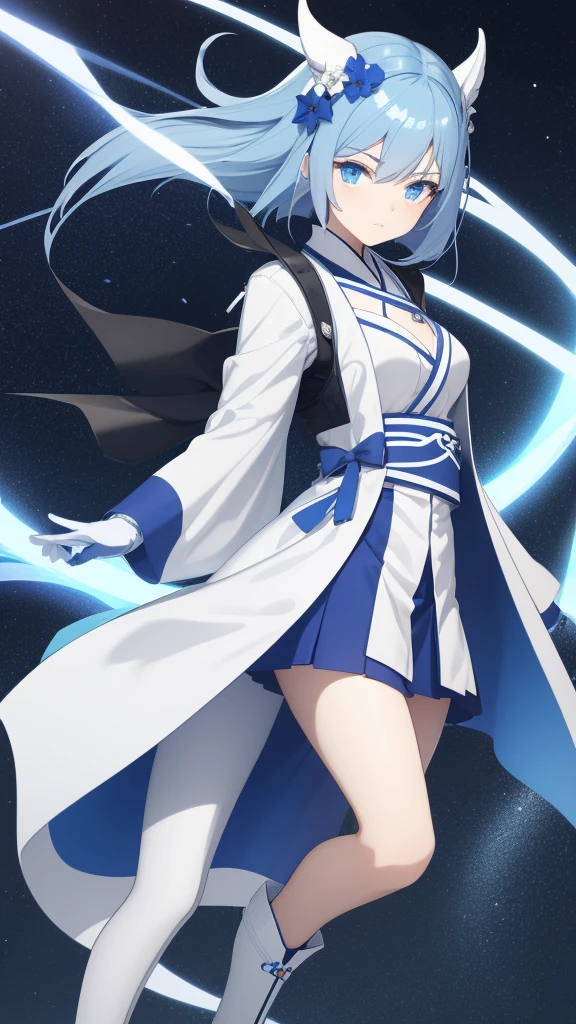 Make me an anime character who is a woman with the following characteristics:
Age: Hair: France Blue, long and straight, she always wears a flower on her head.
Eyes: Celestes, bright and full of determination.
fur: pale, with a delicate complexion.an outfit designed to maximize your agility and reflect your affinity with light. Her outfit is a combination of functionality and elegance, suitable for both combat and to symbolize his purpose as a demon hunter.
Boots:
color: White with blue details.
Design: High and tight, boots provide additional ankle support and have non-slip soles.
material: Made of durable and flexible leather, allow Aiko to move quickly and silently.
light kimono:
color: Pearl white with France blue details, representing the purity of light.
Design: The kimono is adorned with patterns of stars and rays of light, that glow slightly in the dark, allowing you to camouflage and stand out when necessary.
material: Made of a durable and lightweight fabric, allowing great freedom of movement and basic protection against cuts and scrapes.