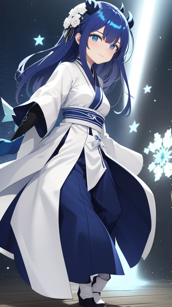 Make me an anime character who is a woman with the following characteristics:
Age: Hair: France Blue, long and straight, she always wears a flower on her head.
Eyes: Celestes, bright and full of determination.
fur: pale, with a delicate complexion.an outfit designed to maximize your agility and reflect your affinity with light. Her outfit is a combination of functionality and elegance, suitable for both combat and to symbolize his purpose as a demon hunter.
Boots:
color: White with blue details.
Design: High and tight, boots provide additional ankle support and have non-slip soles.
material: Made of durable and flexible leather, allow Aiko to move quickly and silently.
light kimono:
color: Pearl white with France blue details, representing the purity of light.
Design: The kimono is adorned with patterns of stars and rays of light, that glow slightly in the dark, allowing you to camouflage and stand out when necessary.
material: Made of a durable and lightweight fabric, allowing great freedom of movement and basic protection against cuts and scrapes.