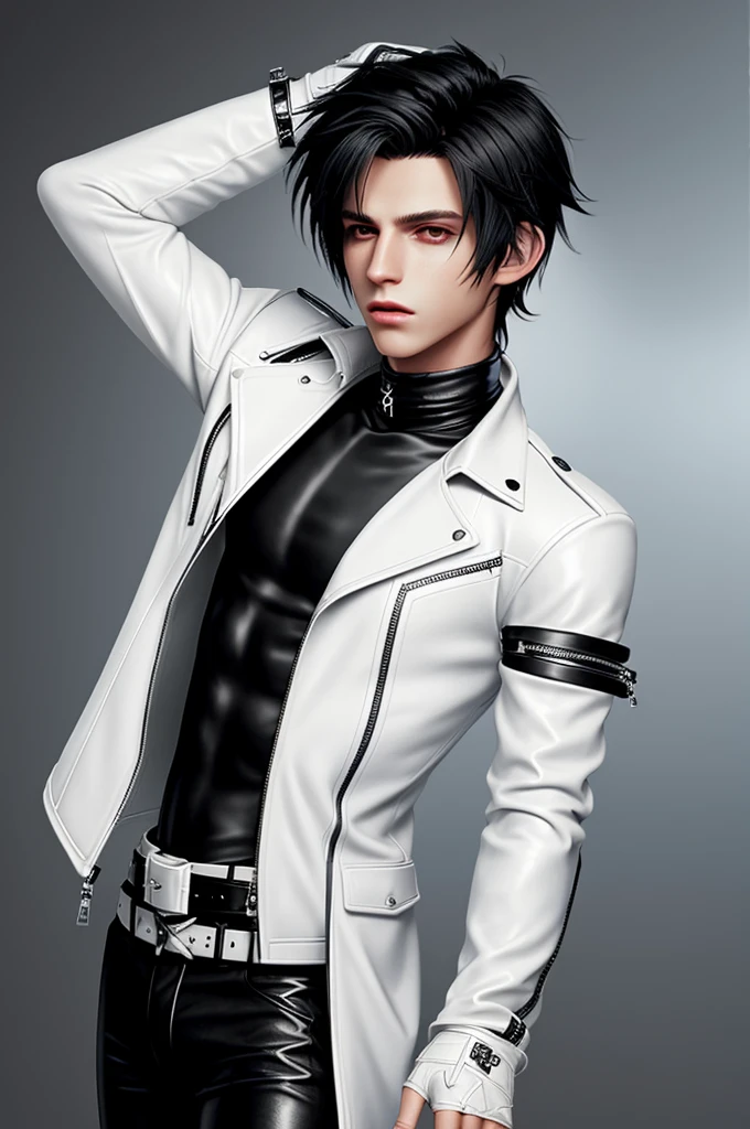 Final fantasy taste and reality graphics, Japanese young cute and cool ikemen boy, his age is early 20s, thin eyebrows and beady eyes, he wearing off white color leather thick material jacket, jacket is singlebrest, biker style jacket, with epaulet, jacket is long sleeve, must close the front of the leather jacket, , voluminous leather jacket, ,must jacket is high length and stand-up collar with two belts, jacket is a little black color line pattern,close the front of the jacket, also wearing black thick material turtleneck lackluster shirts, tight black leather pants, black leather tight and thin glove, black leather knee-high raceup boots,must views head-to-toe,must views whole body, boy looks like fashion model,Do not show skin from the neck down,leather jacket leather glove and leather pants have few wrinkles,boy in the prison room, Avoid showing your innerwear,zip up jacket fastner.
Boy touching owns private parts with right hand.
Bous face is expression of ecstasy.