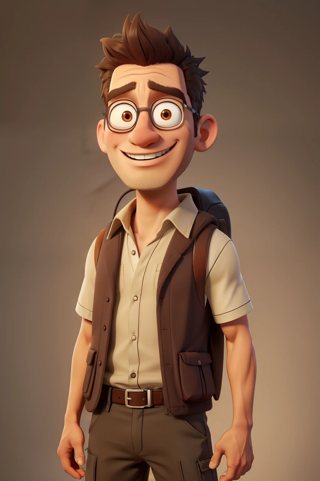 ((best qualityer)), ((work of art)), (detailded), I want to create an adventurous and friendly character avatar for my dropshipping store called Primo Nomad. Ele deve ter:
muka: A friendly and confident expression, com um leve sorriso. Balanced facial features, with a slightly square chin.
eyeballs: eyeballs castanhos claros, expressive and warm.
body hair: body hair castanho curto e ligeiramente despenteado, with a natural appearance.
Skinned: medium skin tone, with a light tan, as someone who spends a lot of time outdoors.
vestimentas: Wearing a short-sleeved cotton shirt, light-colored (like beige or white), combined with a travel vest. Add a travel backpack on your back.
Accessories: An Indiana Jones-style explorer's hat, which may be slightly tilted to one side. Maybe some travel accessories like a compass or map hanging from your backpack.
enviroment: The background could be something simple and related to travel or exploration, like a stylized world map or blurred natural landscapes.