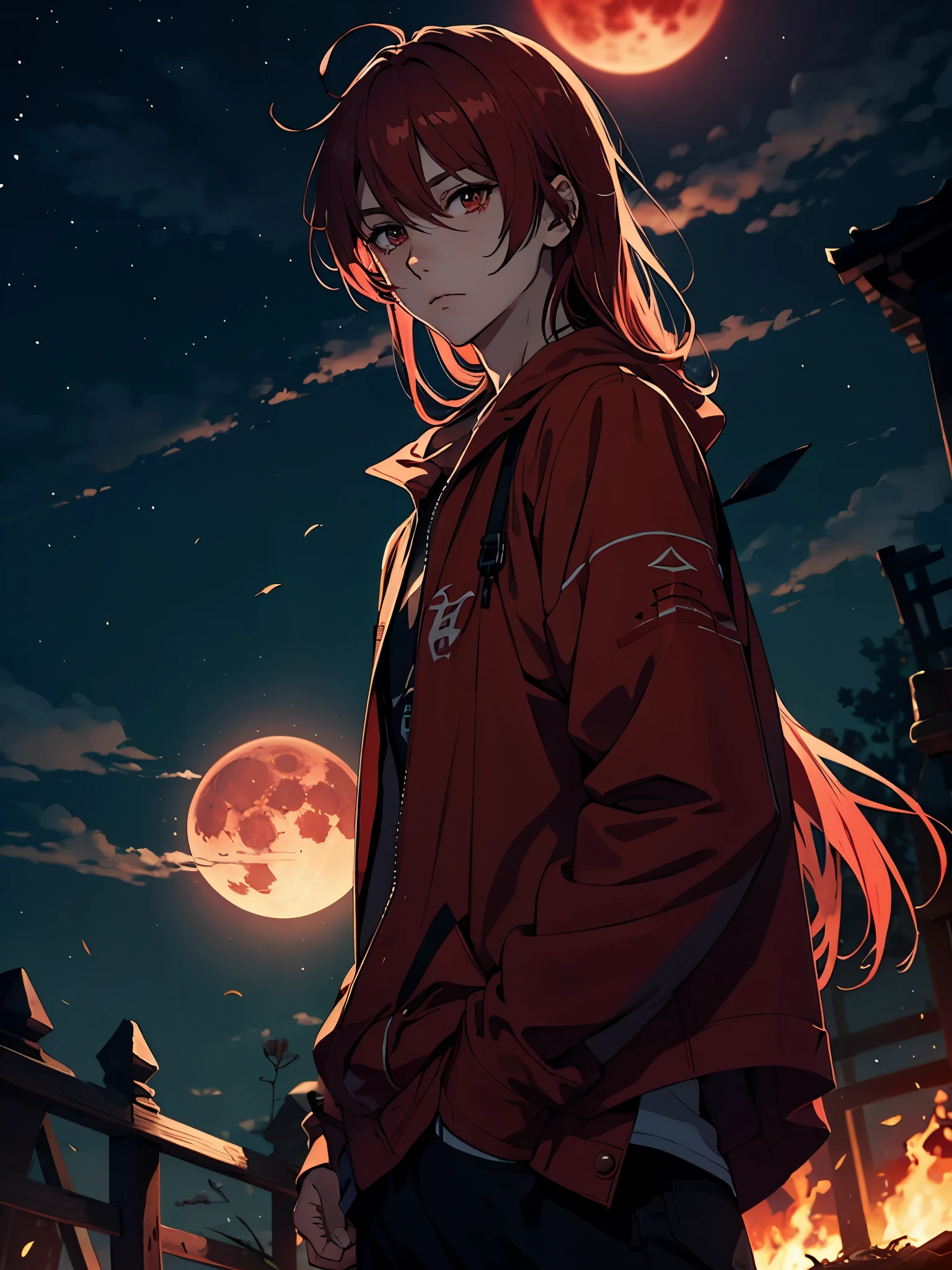 火. 火rote Haare. Red hair. Red eyeliner. Blood Moon. More anime. male. Long hair. Boy.