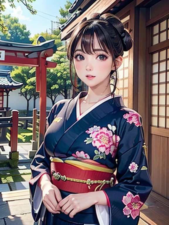 (Highest quality、 8k wallpaper、masterpiece、High resolution)、Vibrant colors、Ample breasts、Black hair in a Japanese round topknot、Brown-black bob、Beautiful girl in yukata、Vivid floral pattern、(Highly detailed face and eyes、Beautiful Face、Beautiful Eyes、Beautiful nose、Pretty lips)、A friendly gaze、Highly detailed background、Japanese garden、moonlight、Official Art、