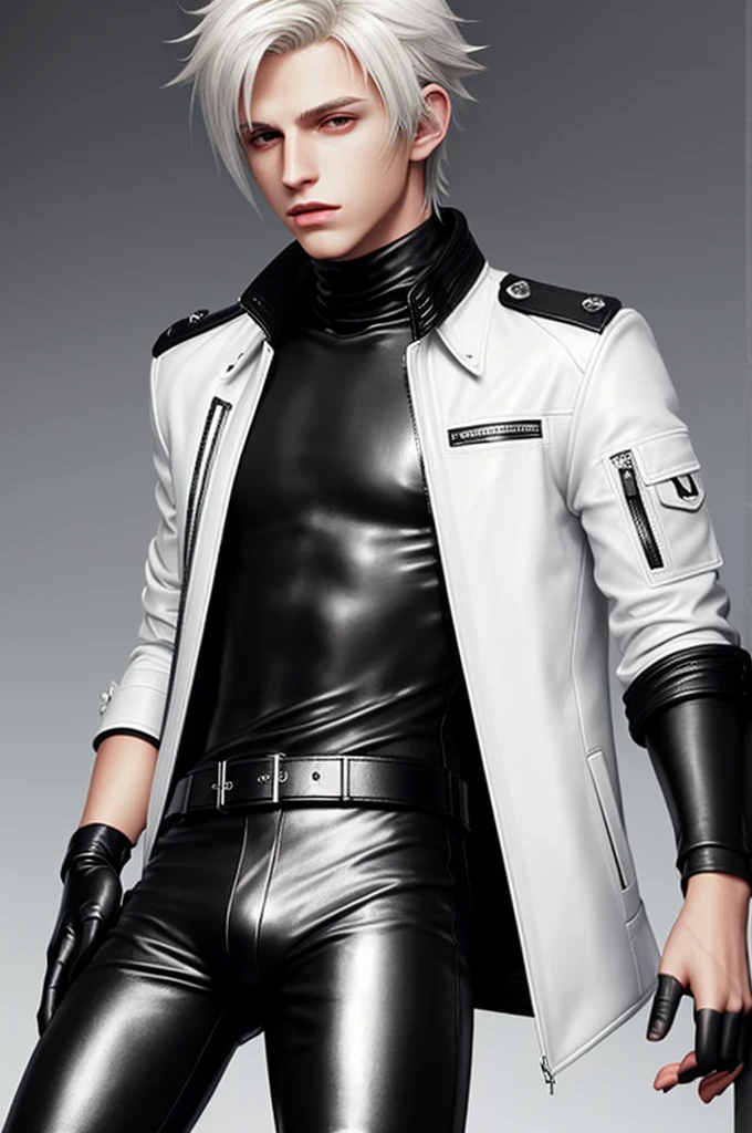Final fantasy taste and reality graphics, Japanese young cute and cool ikemen boy, his age is early 20s, thin eyebrows and beady eyes, he wearing off white color leather thick material jacket, jacket is singlebrest, biker style jacket, with epaulet, jacket is long sleeve, must close the front of the leather jacket, , voluminous leather jacket, ,must jacket is high length and stand-up collar with two belts, jacket is a little black color line pattern,close the front of the jacket, also wearing black thick material turtleneck lackluster shirts, tight black leather pants, black leather tight and thin glove, black leather knee-high raceup boots,must views head-to-toe,must views whole body, boy looks like fashion model,Do not show skin from the neck down,leather jacket leather glove and leather pants have few wrinkles,boy in the prison room, Avoid showing your innerwear,zip up jacket fastner.
Boy touching owns private parts with right hand.
Bous face is expression of ecstasy.