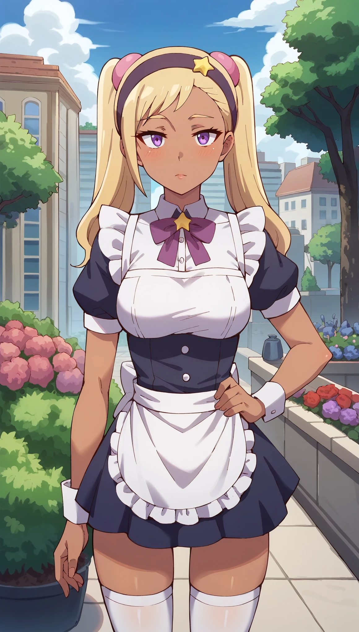 score_9, score_8_up, score_7_up, QuitterieRaffaeli, 1girl, solo, blush, lips parted, blonde hair, purple eyes, twintails, purple hairband, star (symbol), purple scrunchie, dark skin, standing, looking at the viewer, thigh gap, city, garden, maid, short puffy sleeves, small maid apron, thigh highs