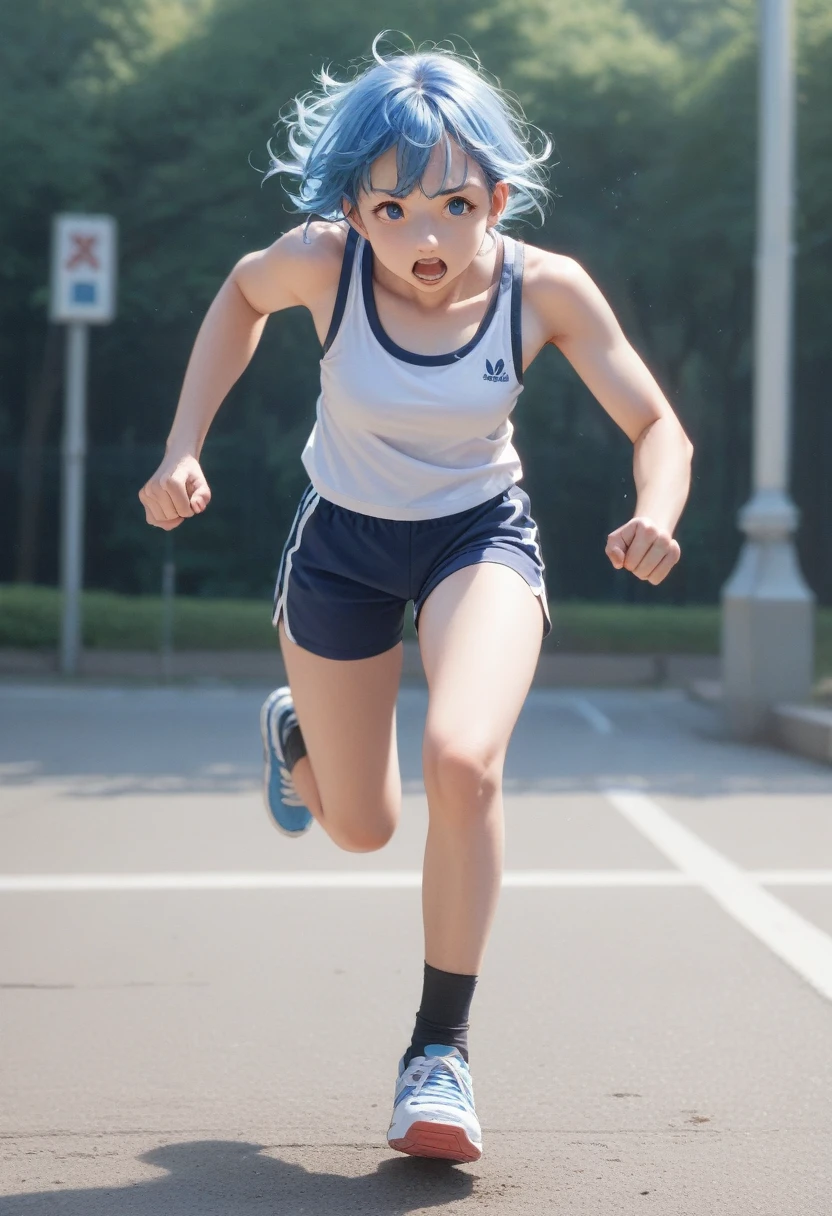 anime character with blue hair running in a white tank top, the anime girl is running, fubuki, running pose, 2 d anime style, girl is running, girl running, anime style 4 k, anime style character, anime style. 8k, badass anime 8 k, anime character, short blue haired woman, detailed anime character art, modern anime style