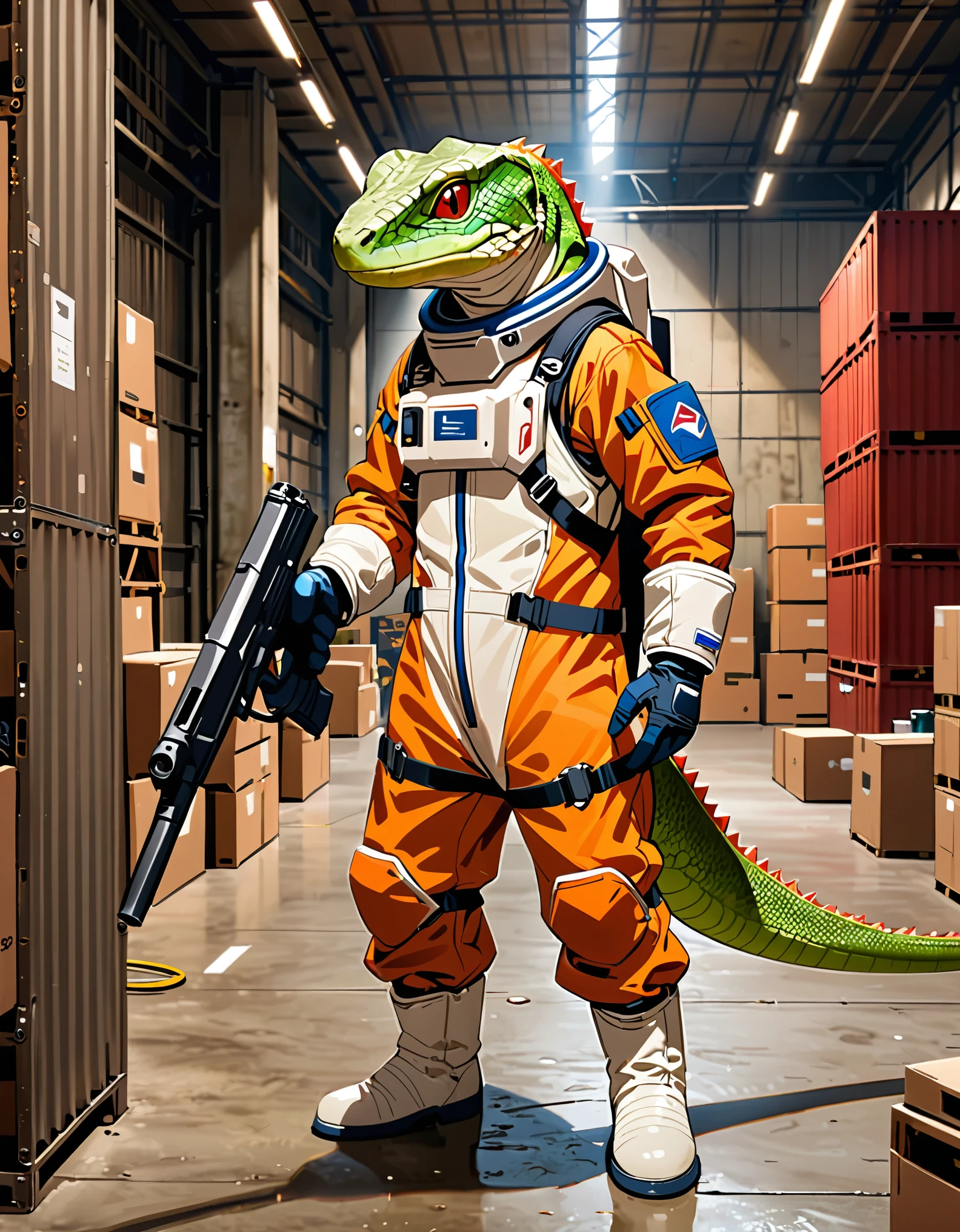 (masterpiece), (best quality), (high res), solo, solo focus, 1male, anthropomorphic lizard, mutant, reptile, lizard, holding weapon, pistol, matching gloves, spacesuit, armor, white boots, midget-sized, warehouse backdrop, indoors, standing, full-body costume design.