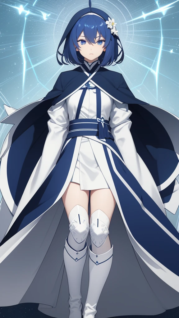Make me an anime character who is a woman with the following characteristics:
Age: 17 years old Hair: France Blue, long and straight, she always wears a flower on her head.
Eyes: Celestes, bright and full of determination.
fur: pale, with a delicate complexion.an outfit designed to maximize your agility and reflect your affinity with light. Her outfit is a combination of functionality and elegance, suitable for both combat and to symbolize his purpose as a demon hunter. 
Boots:

color: White with blue details.
Design: High and tight, boots provide additional ankle support and have non-slip soles.
material: Made of durable and flexible leather, allow Aiko to move quickly and silently.
light kimono:

color: Pearl white with France blue details, representing the purity of light.
Design: The kimono is adorned with patterns of stars and rays of light, that glow slightly in the dark, allowing you to camouflage and stand out when necessary.
material: Made of a durable and lightweight fabric, allowing great freedom of movement and basic protection against cuts and scrapes.
