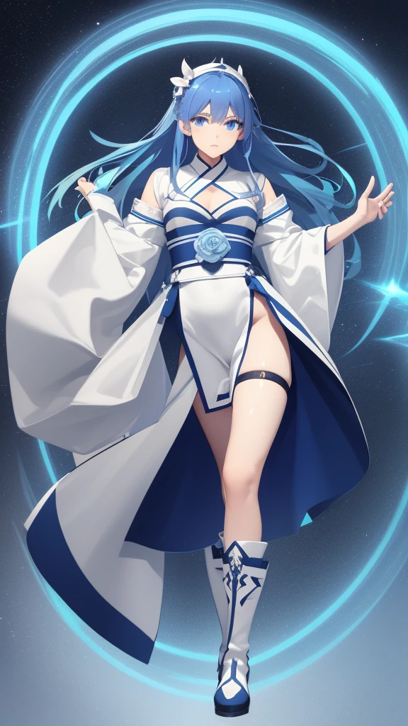 Make me an anime character who is a woman with the following characteristics:
Age: Hair: France Blue, long and straight, she always wears a flower on her head.
Eyes: Celestes, bright and full of determination.
fur: pale, with a delicate complexion.an outfit designed to maximize your agility and reflect your affinity with light. Her outfit is a combination of functionality and elegance, suitable for both combat and to symbolize his purpose as a demon hunter.
Boots:
color: White with blue details.
Design: High and tight, boots provide additional ankle support and have non-slip soles.
material: Made of durable and flexible leather, allow Aiko to move quickly and silently.
light kimono:
color: Pearl white with France blue details, representing the purity of light.
Design: The kimono is adorned with patterns of stars and rays of light, that glow slightly in the dark, allowing you to camouflage and stand out when necessary.
material: Made of a durable and lightweight fabric, allowing great freedom of movement and basic protection against cuts and scrapes.