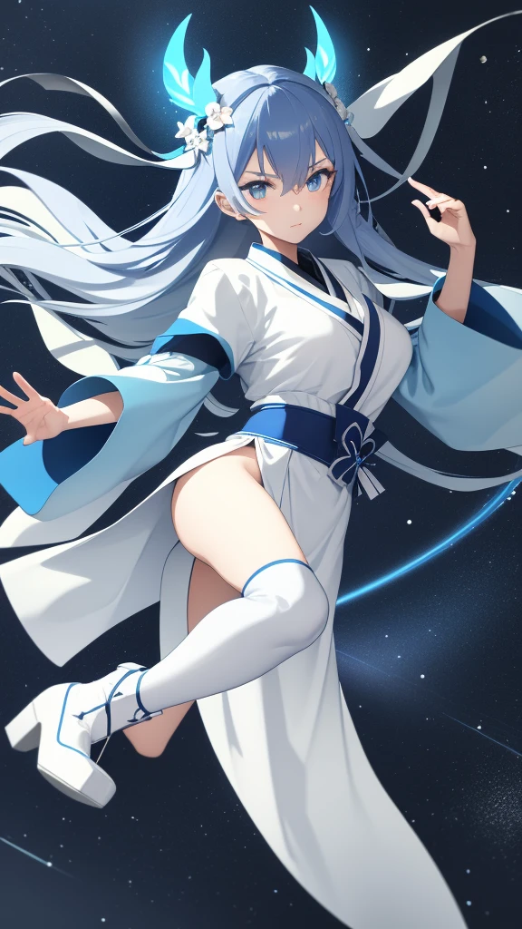 Make me an anime character who is a woman with the following characteristics:
Age: 17 years old Hair: France Blue, long and straight, she always wears a flower on her head.
Eyes: Celestes, bright and full of determination.
fur: pale, with a delicate complexion.an outfit designed to maximize your agility and reflect your affinity with light. Her outfit is a combination of functionality and elegance, suitable for both combat and to symbolize his purpose as a demon hunter.
Boots:
color: White with blue details.
Design: High and tight, boots provide additional ankle support and have non-slip soles.
material: Made of durable and flexible leather, allow Aiko to move quickly and silently.
light kimono:
color: Pearl white with France blue details, representing the purity of light.
Design: The kimono is adorned with patterns of stars and rays of light, that glow slightly in the dark, allowing you to camouflage and stand out when necessary.
material: Made of a durable and lightweight fabric, allowing great freedom of movement and basic protection against cuts and scrapes.