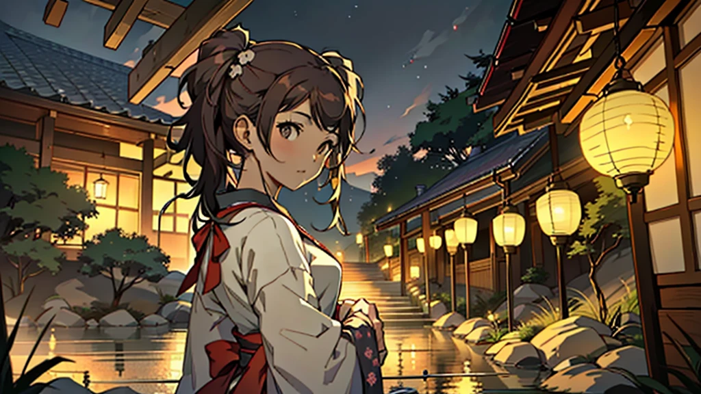 (masterpiece, Highest quality:1.3)
Persona4RiseKujikawa, One girl, alone, Long Hair, Twin tails, Brown Hair, Brown eyes,  Traditional Japanese Garden, evening, The soft lantern light creates a tranquil and enchanting atmosphere
