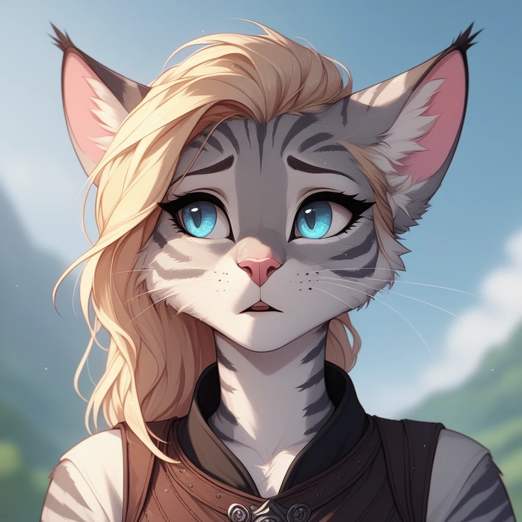 score_9,score_8_up,score_7_up, score_6_up, score_5_up, source_anime, Kat, Anthro furry feline, silver fur, grey stripes on body, blue eyes, long blonde hair, undercut hair, pink nose, :3, wearing black medieval vest, portrait close up, upper body shot, mouth open, talking, eyes half open, looking away, sad expression,