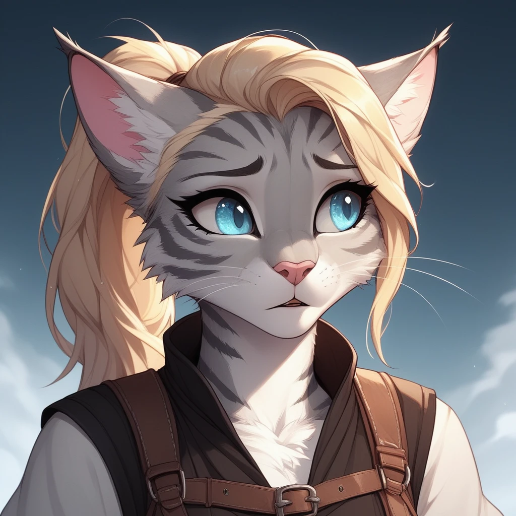 score_9,score_8_up,score_7_up, score_6_up, score_5_up, source_anime, Kat, Anthro furry feline, silver fur, grey stripes on body, blue eyes, long blonde hair, undercut hair, pink nose, :3, wearing black medieval vest, portrait close up, upper body shot, mouth open, talking, eyes half open, looking away, sad expression,