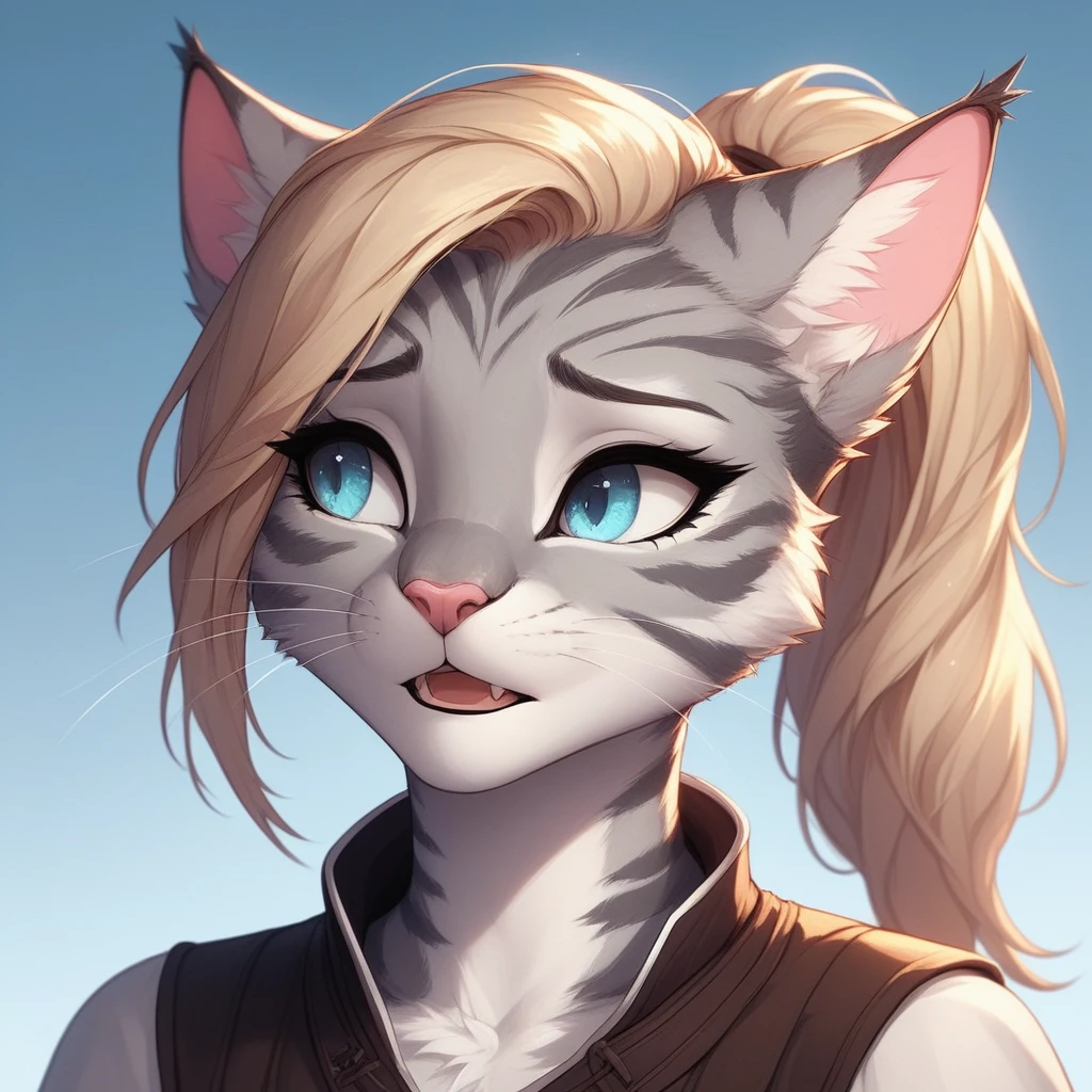 score_9,score_8_up,score_7_up, score_6_up, score_5_up, source_anime, Kat, Anthro furry feline, silver fur, grey stripes on body, blue eyes, long blonde hair, undercut hair, pink nose, :3, wearing black medieval vest, portrait close up, upper body shot, mouth open, talking, eyes half open, looking away, sad expression,