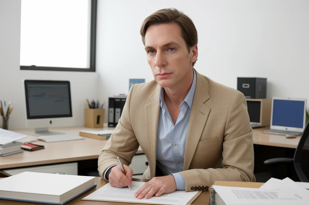 ultra high detail, male accountant, ((perfect face)), 38 years old, cheekbones, [face wrinkles], office, behind desk,