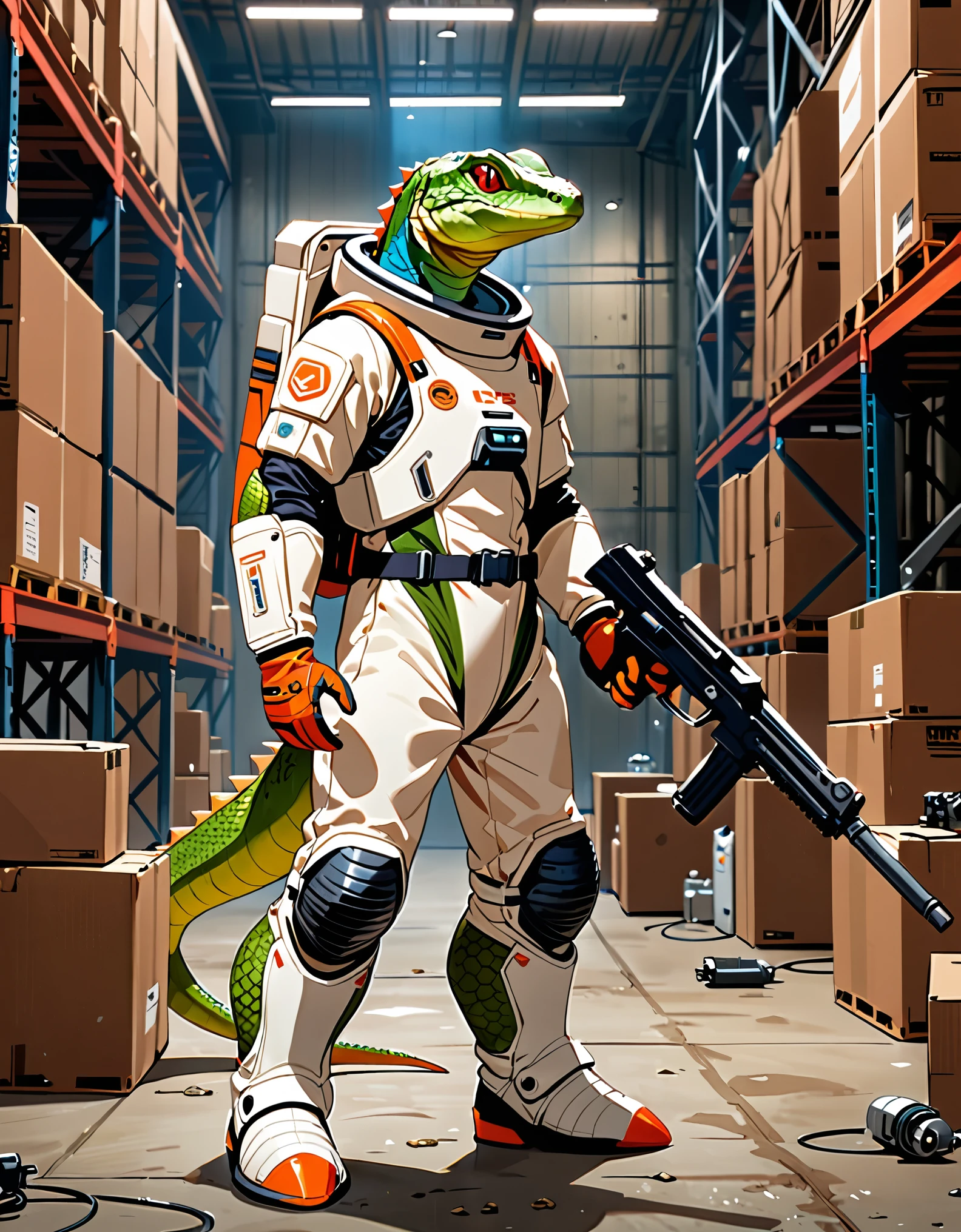 (masterpiece), (best quality), (high res), solo, solo focus, 1male, anthropomorphic lizard, mutant, reptile, lizard, holding weapon, pistol, matching gloves, spacesuit, armor, white boots, midget-sized, warehouse backdrop, indoors, standing, full-body costume design.