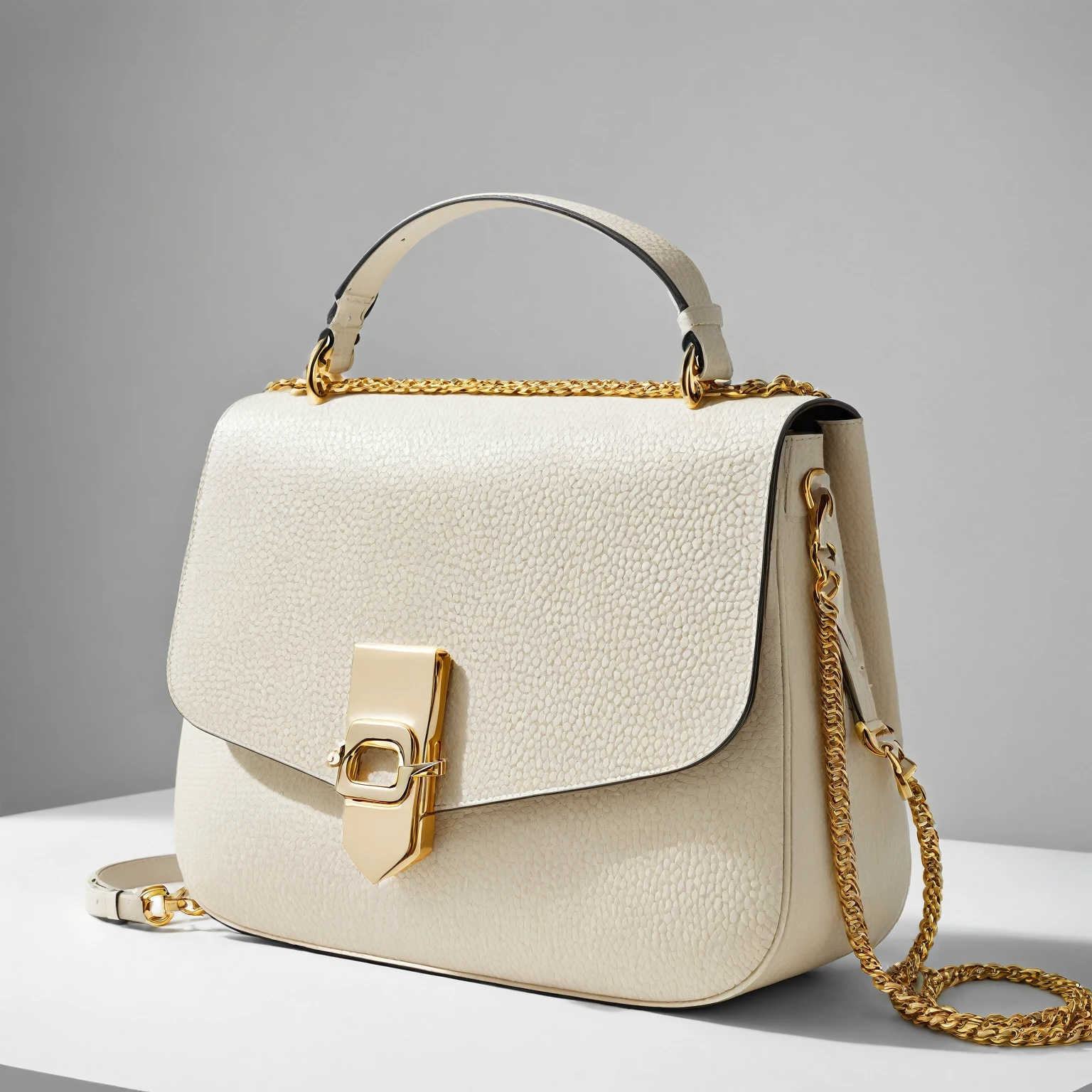 A high-resolution, cinematic photo of a luxurious beige pebbled leather convertible crossbody bag displayed on a stark white platform against a white background. The bag rests in its crossbody configuration, with the detachable strap slung across the platform. The focus is on the clean lines and minimalist design of the bag, with dramatic lighting highlighting the texture of the pebbled leather and the gold-tone clasp closure. The stark white background creates a sense of focus and allows the bag to take center stage.