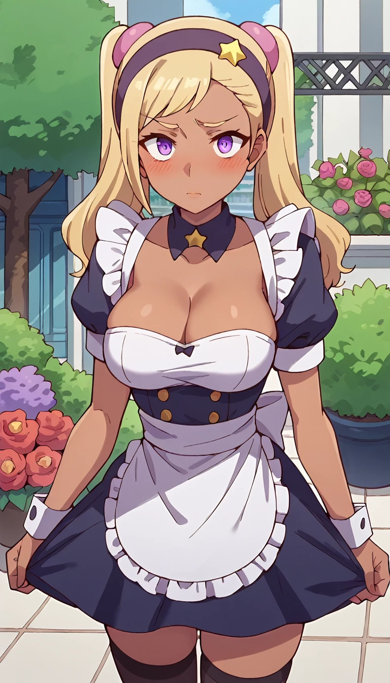 score_9, score_8_up, score_7_up, QuitterieRaffaeli, 1girl, solo, blush, lips parted, (embarassed), blonde hair, purple eyes, twintails, purple hairband, star (symbol), purple scrunchie, dark skin, standing, looking at the viewer, thigh gap, city, garden, maid, short puffy sleeves, small maid apron, thigh highs, cleavage