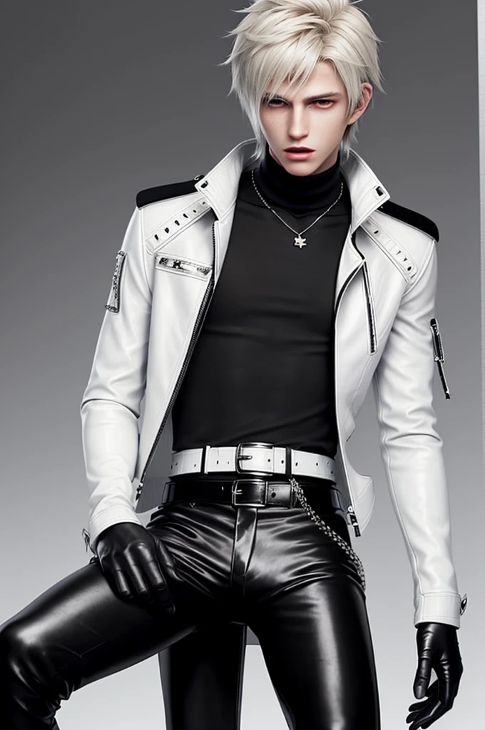 Final fantasy taste and reality graphics, Japanese young cute and cool ikemen boy, his age is early 20s, thin eyebrows and beady eyes, he wearing off white color leather thick material jacket, jacket is singlebrest, biker style jacket, with epaulet, jacket is long sleeve, must close the front of the leather jacket, , voluminous leather jacket, ,must jacket is high length and stand-up collar with two belts, jacket is a little black color line pattern,close the front of the jacket, also wearing black thick material turtleneck lackluster shirts, tight black leather pants, black leather tight and thin glove, black leather knee-high raceup boots,must views head-to-toe,must views whole body, boy looks like fashion model,Do not show skin from the neck down,leather jacket leather glove and leather pants have few wrinkles,boy in the prison room, Avoid showing your innerwear,zip up jacket fastner.
Boy touching owns private parts with right hand.
Bous face is expression of ecstasy.